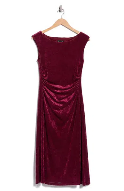 Connected Apparel Shirred Waist Velvet Mesh Midi Dress In Burgundy
