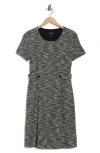 Connected Apparel Short Sleeve Bouclé A-line Dress In Black