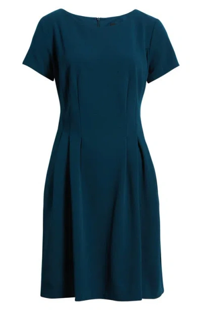 Connected Apparel Short Sleeve Pocket Fit & Flare Dress In Blue