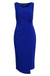 Connected Apparel Side Knot Sleeveless Sheath Midi Dress In Deep Cobalt