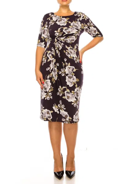 Connected Apparel Side Pleated Floral Sheath Dress In Eggplant In Sand