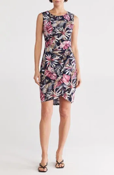 Connected Apparel Sleeveless Faux Wrap Dress In Fuchsia