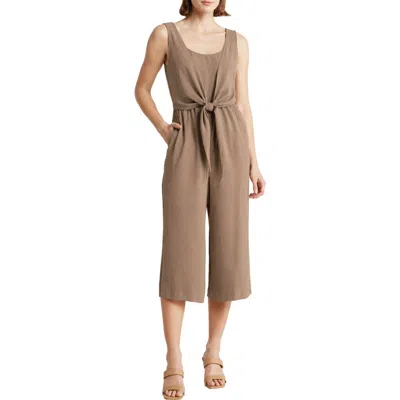 Connected Apparel Sleeveless Tie Front Capri Crop Jumpsuit In Khaki