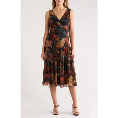 Connected Apparel Sleeveless Tiered Chiffon Midi Dress In Brown