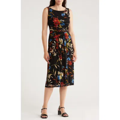 Connected Apparel Sleeveless Twist Waist Mesh A-line Dress In Black
