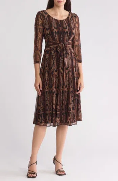 Connected Apparel Snake Print Tie Waist Dress In Brown