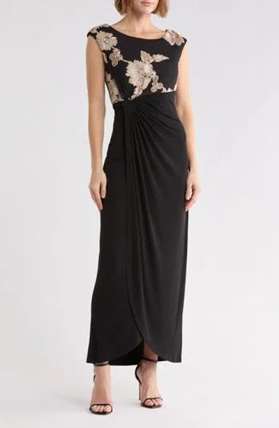 Connected Apparel Soutache Bodice Faux Wrap Gown In Blue