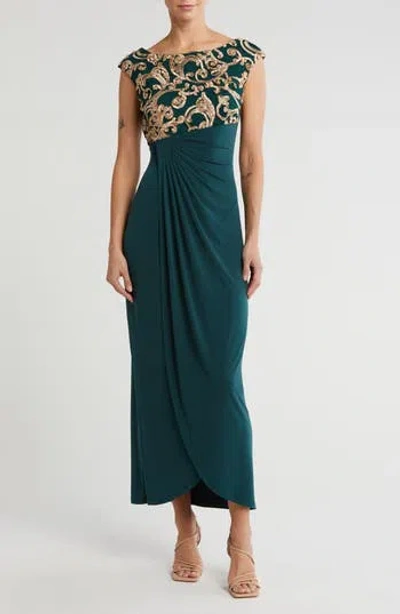 Connected Apparel Soutache Bodice Mock Wrap Dress In Hunter/gold