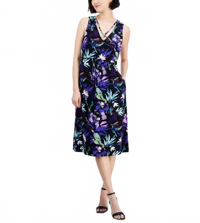 Connected Apparel Strappy V-neck Floral Midi Dress In Purple In Multi
