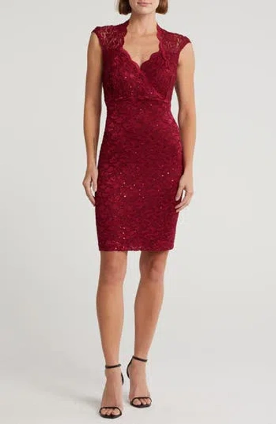 Connected Apparel Stretch Lace Dress With Open Back In Cabernet