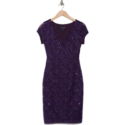 Connected Apparel Sweetheart Neck Sequin Lace Cocktail Dress In Eggplant