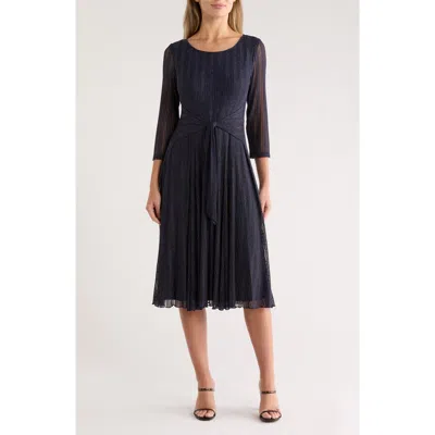 Connected Apparel Three-quarter Sleeve Mesh A-line Dress In Blue