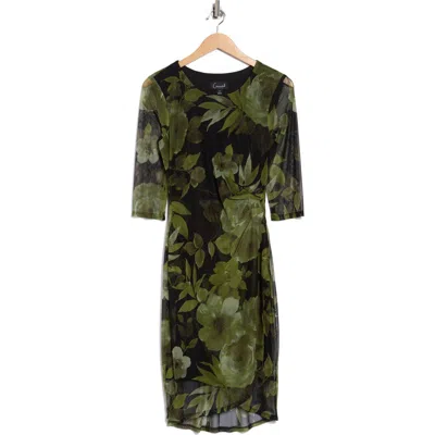 Connected Apparel Three-quarter Sleeve Mesh Faux Wrap Dress In Green