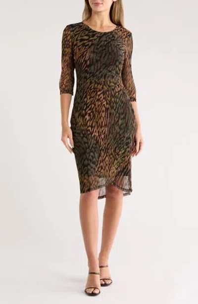 Connected Apparel Three-quarter Sleeve Mesh Faux Wrap Dress In Green