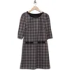 Connected Apparel Three Quarter Sleeve Plaid Dress In Black