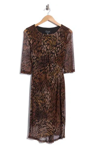 Connected Apparel Three-quarter Sleeve Mesh Faux Wrap Dress In Animal Print