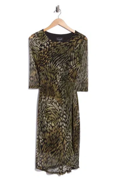 Connected Apparel Three-quarter Sleeve Mesh Faux Wrap Dress In Green