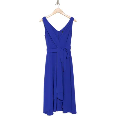 Connected Apparel Tie Belt Faux Wrap High-low Dress In Blue