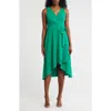 Connected Apparel Tie Belt Faux Wrap High-low Dress In Green