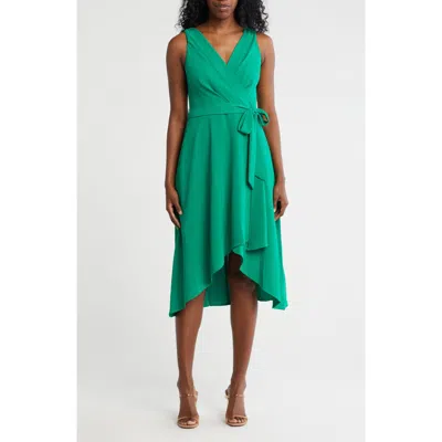 Connected Apparel Tie Belt Faux Wrap High-low Dress In Green