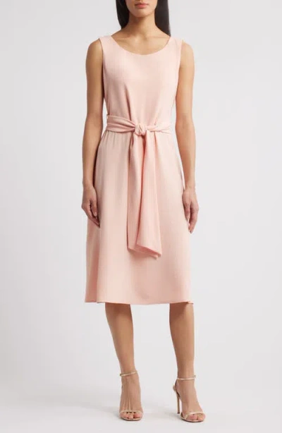 Connected Apparel Tie Waist Crepe Midi Dress In Peach