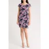 Connected Apparel Tie Waist Faux Wrap Dress In Navy Fuchsia