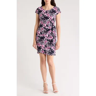 Connected Apparel Tie Waist Faux Wrap Dress In Navy Fuchsia