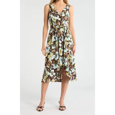 Connected Apparel Tie Waist High-low Midi Dress In Gray