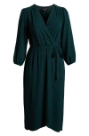 Connected Apparel Tie Waist Long Sleeve Wrap Dress In Pine