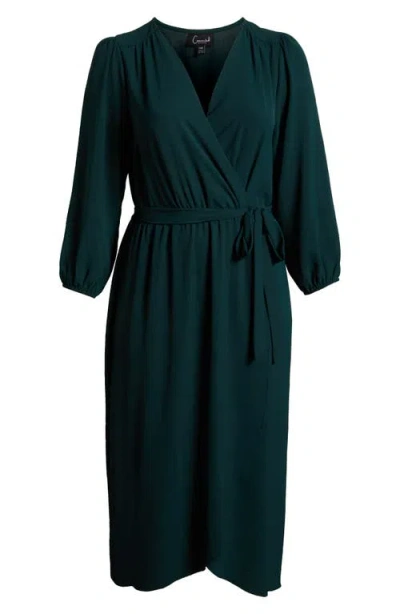 Connected Apparel Tie Waist Long Sleeve Wrap Dress In Pine