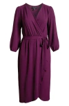 Connected Apparel Tie Waist Long Sleeve Wrap Dress In Plum