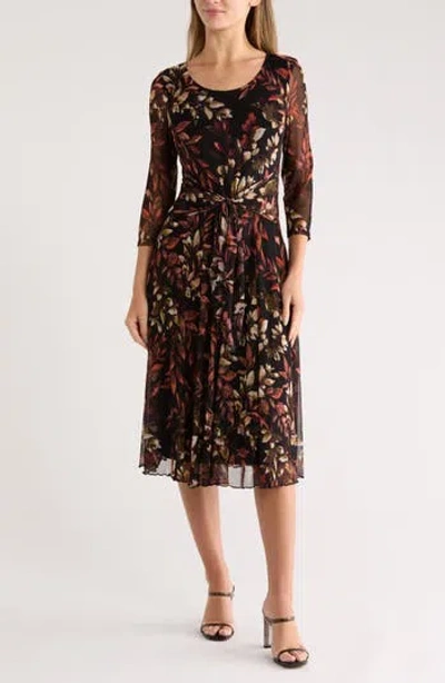 Connected Apparel Tie Waist Mesh A-line Midi Dress In Brown