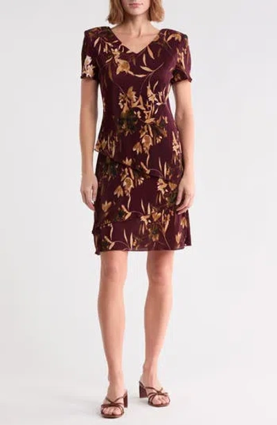 Connected Apparel Tiered Plissé Short Sleeve Dress In Brown