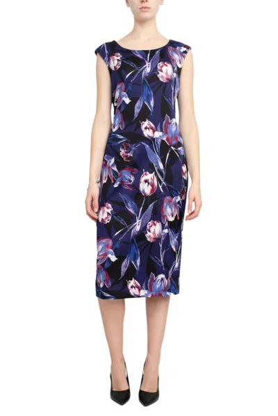 Connected Apparel Tlk70272m1 Floral Print Midi Cocktail Dress In Blue