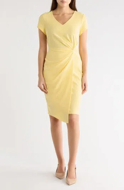 Connected Apparel Twist Detail Asymmetric Hem Dress In Yellow