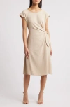 Connected Apparel Twist Wrap Waist Shift Dress In Sand