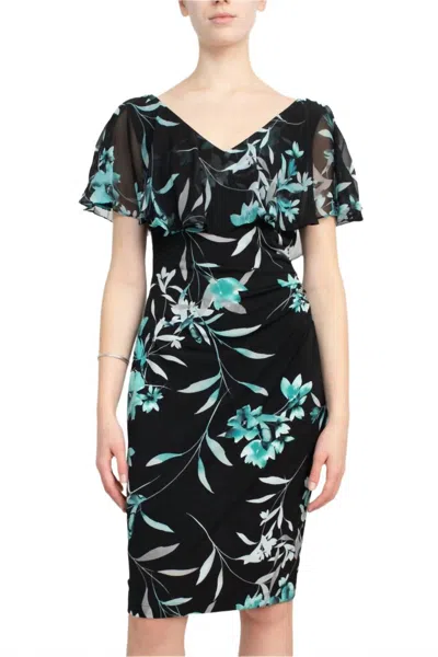 Connected Apparel V-neck Chiffon Overlay Gathered Side Floral Print Ity Dress In Seafoam In Black