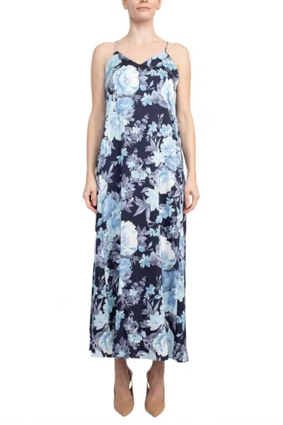 Connected Apparel V-neck Spaghetti Strap Floral Print Satin Dress With Pockets In Navy Blue