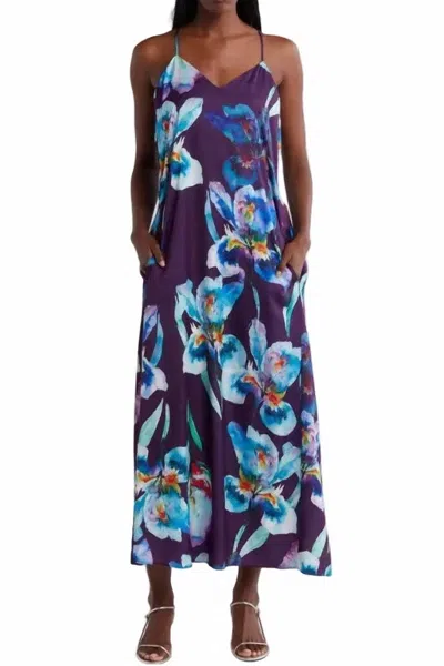 Connected Apparel V-neck Floral Print Midi Dress In Plum In Pink