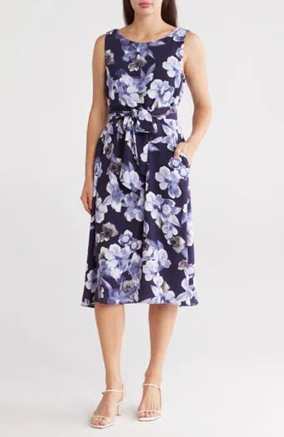 Connected Apparel Waist Tie Midi Dress In Multi