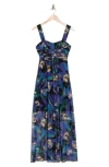 Connected Apparel Walk Through Floral Midi Dress In Blueberry
