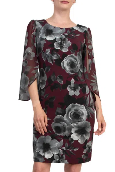 Connected Apparel Women's Boat Neckline Slit Chiffon Sleeves Shift Dress In Bordeaux In Blue