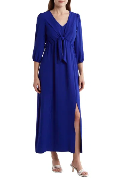 Connected Apparel Women's Deep Sleeves Waist Tie Maxi Dress In Sapphire In Blue