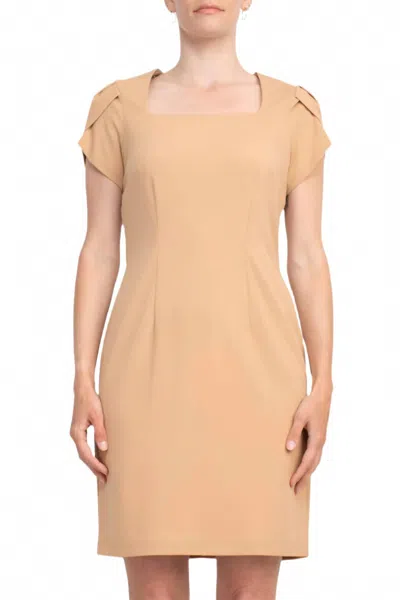 Connected Apparel Women's Square Neck Short Sleeve Zipper Back Sheath Solid Stretch Crepe Dress In Caramel In Brown