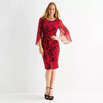 Connected Apparel Womens 3/4 Sleeve Floral Sheath Dress In Red