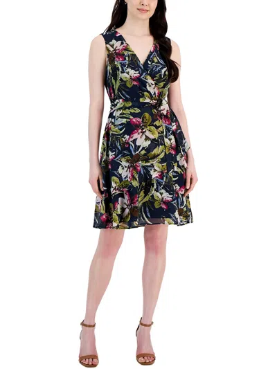 Connected Apparel Womens Floral Print Above Knee Fit & Flare Dress In Blue