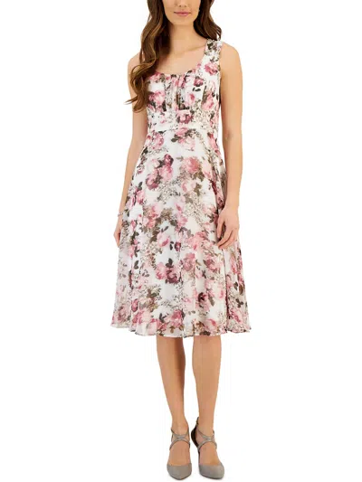 Connected Apparel Womens Floral Print Chiffon Midi Dress In Neutral