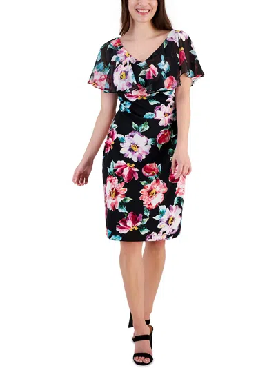 Connected Apparel Womens Floral Print Knee Sheath Dress In Black