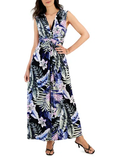 Connected Apparel Womens Floral Print Polyester Maxi Dress In Blue