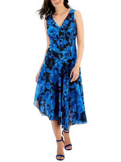 Connected Apparel Womens Midi Floral Print Midi Dress In Blue